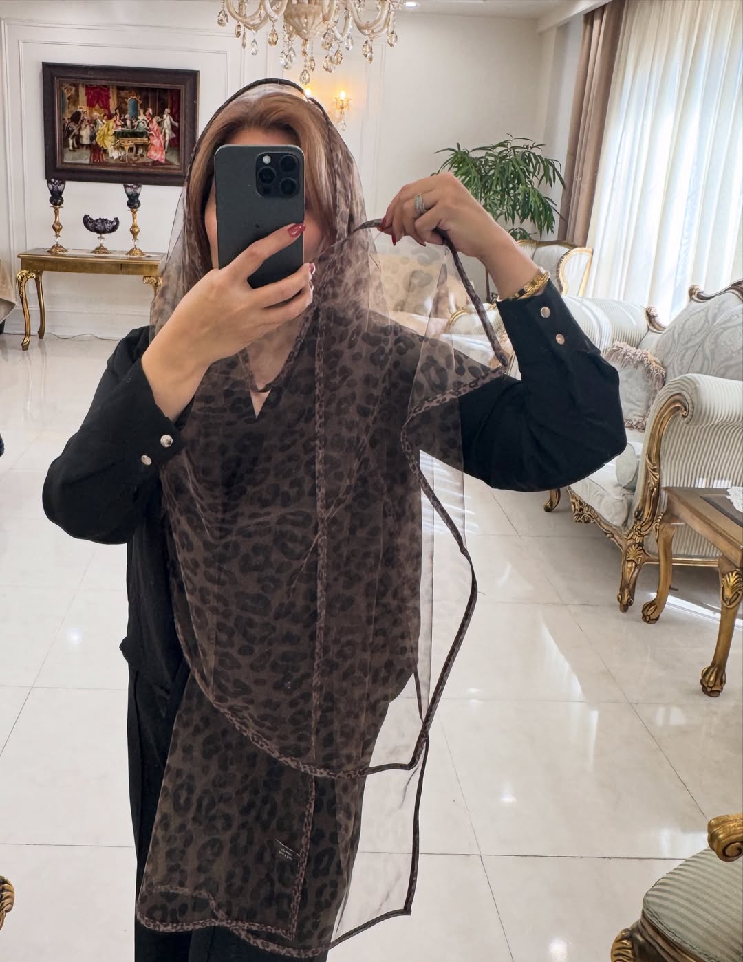 شال تور حریر پلنگی قهوه ای موکا