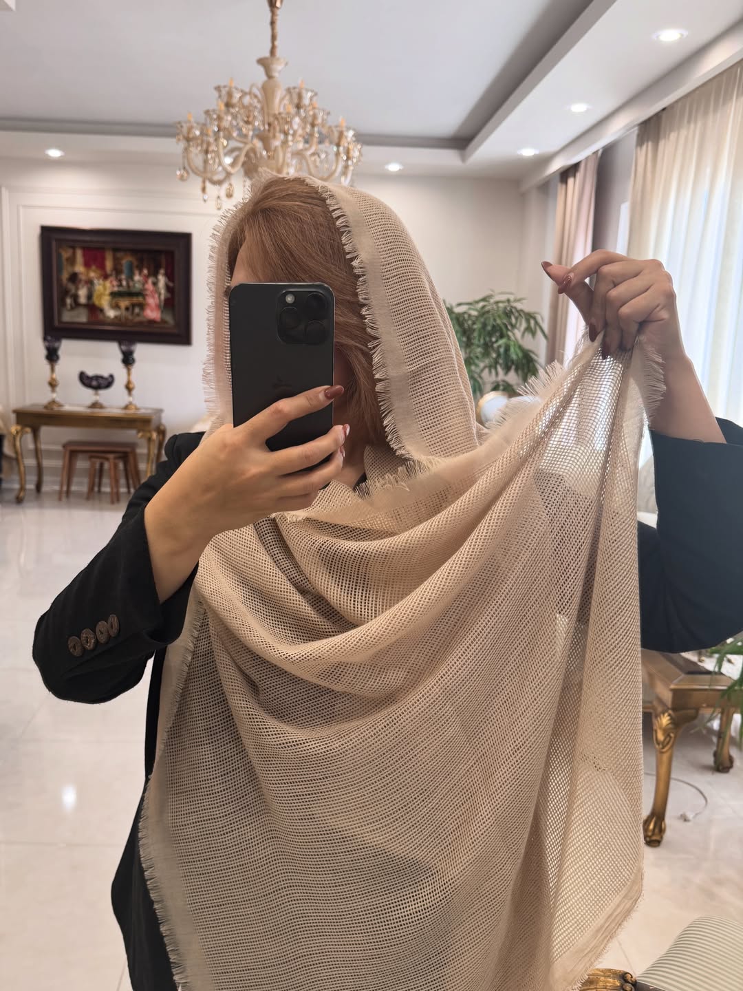 شال کنفی حصیری دور ریش کرم و قهوه‌ای